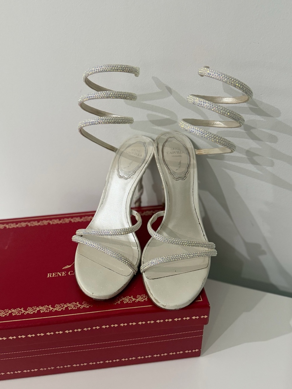 Rene Caovilla White Crystal Spiral Ankle-Strap Sandals - Picture 2 of 4